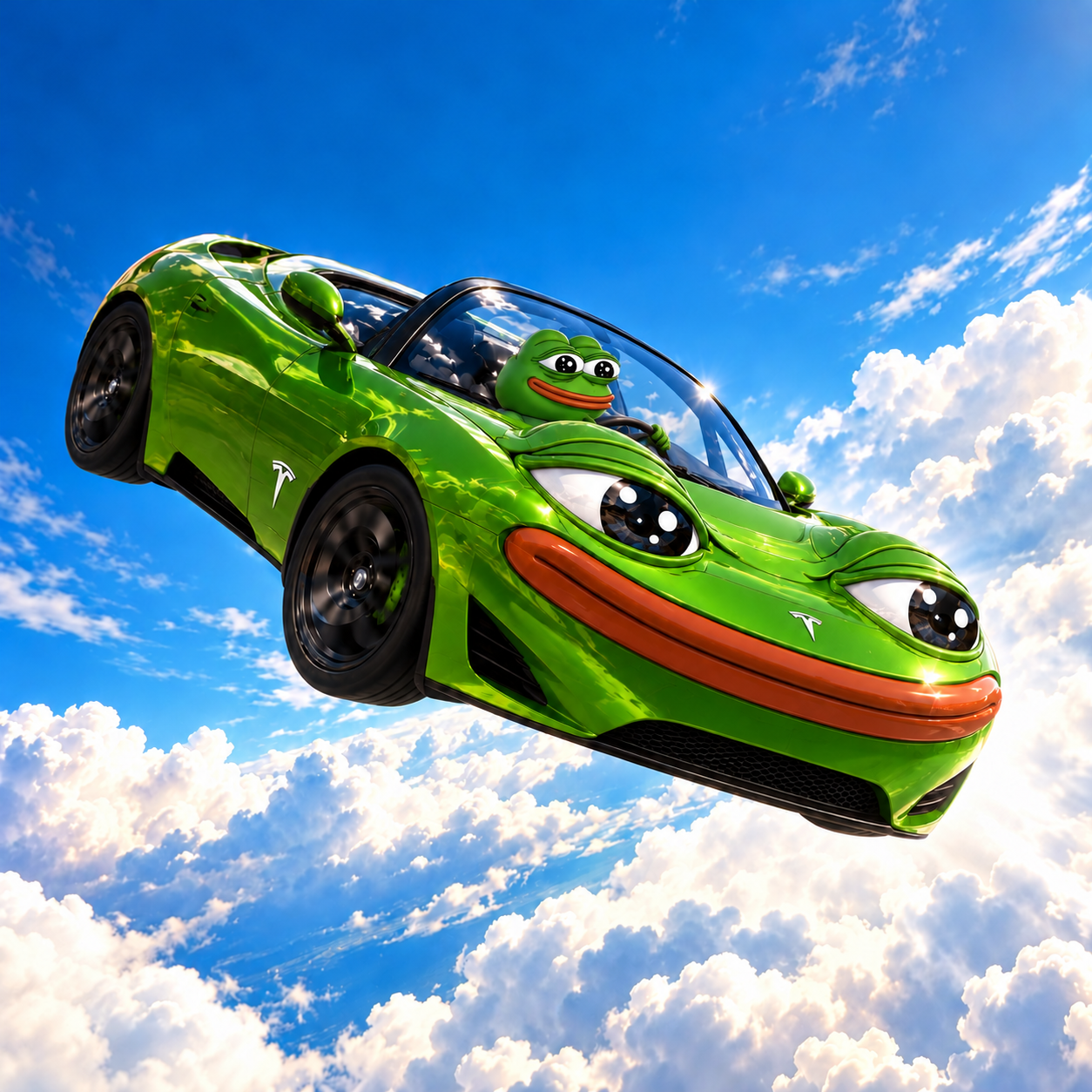 Flying Pepe Tesla soaring through a bright blue sky