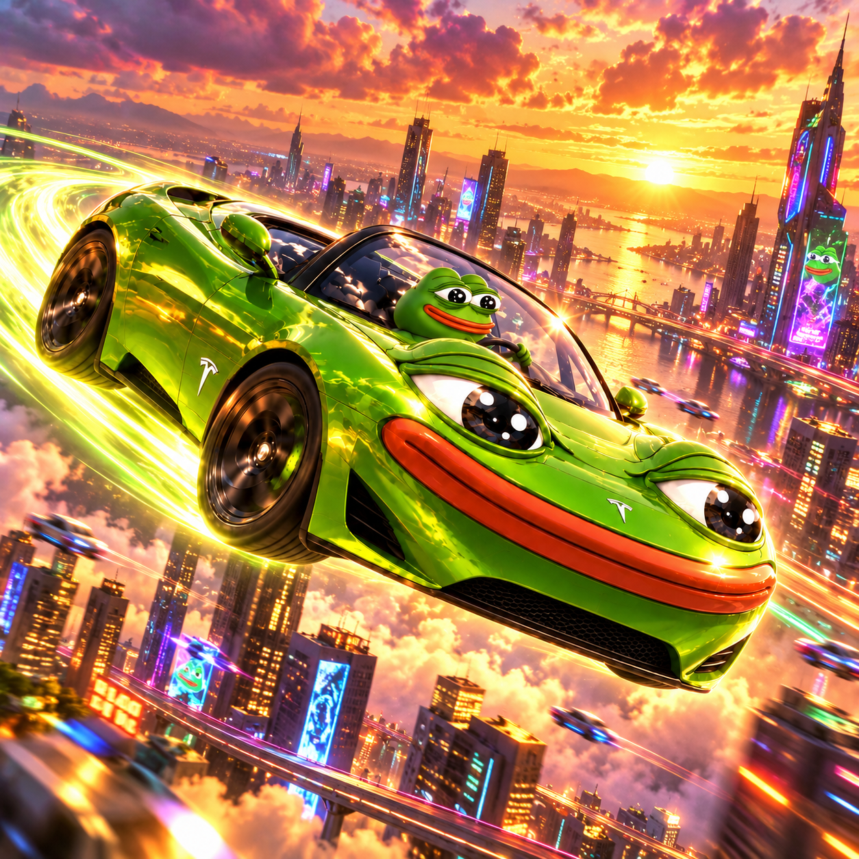 Flying Pepe Tesla racing across a glowing city skyline