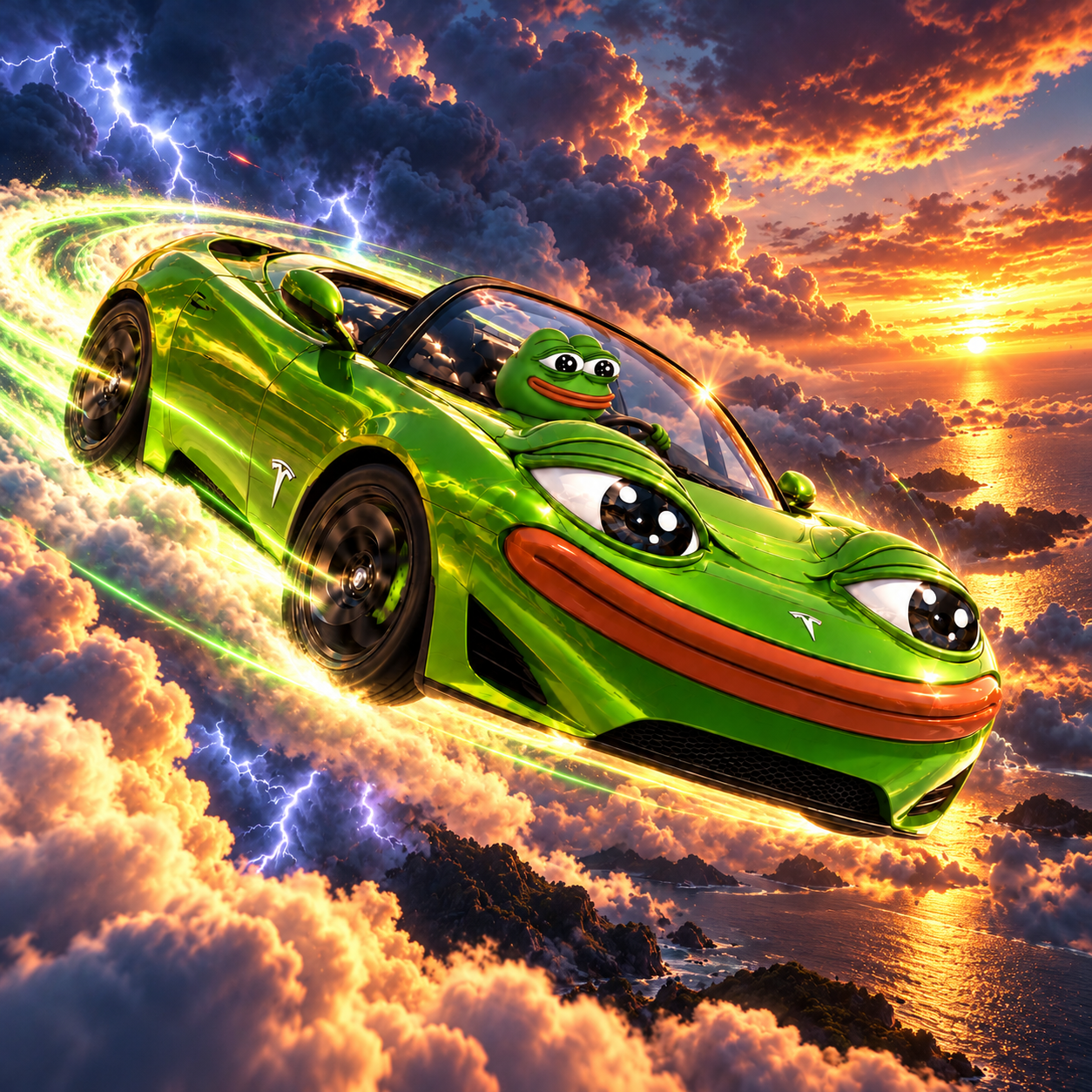 Flying Pepe Tesla crossing storm clouds at sunset